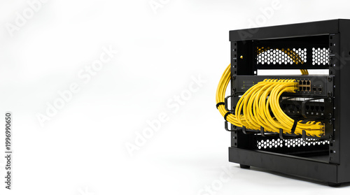 A detailed view of a computer server cabinet with neatly organized cables. The server cabinet is black, with yellow cables