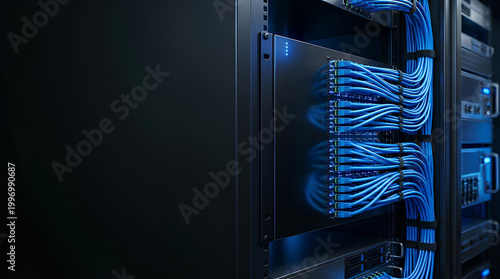 A close-up of a server room featuring server racks with connected blue cables