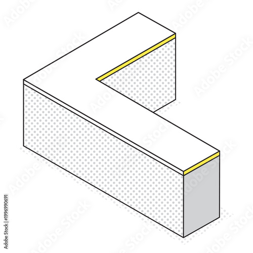 L字型カウンターのアイソメトリック線画イラスト（スタッフなし・イエロー）