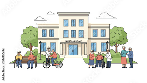A detailed illustration of a nursing home with elderly residents engaged in various outdoor activities and receiving care, symbolizing senior living.