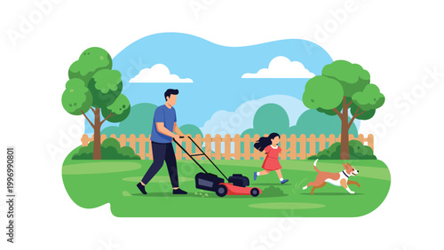 Happy family enjoys a sunny day in the garden as a father mows the lawn, while his daughter and their dog playfully run around.