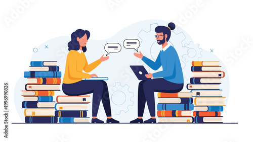 Two enthusiastic individuals sit on tall stacks of books, engaging in a lively discussion while one uses a laptop, symbolizing shared knowledge and communication.