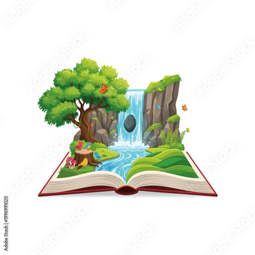 Open Storybook With Nature Scene Waterfall Trees Birds Animals