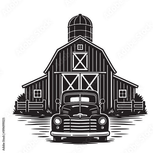 Rustic Barn Silhouette Vector with Vintage Pickup Truck, Country Farm Landscape, Black and White Illustration