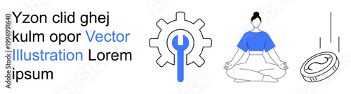 Business development, stress relief, financial growth, wellness balance, earning potential, holistic strategies. A gear icon, meditating figure and falling coin. Business and wellness balance