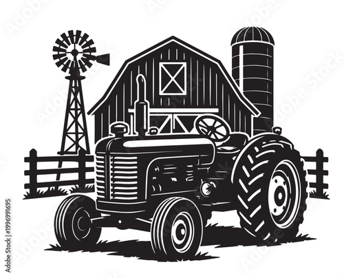 Farm Tractor Silhouette Vector with Barn and Windmill, Rustic Countryside Agriculture Scene, Black and White Illustration