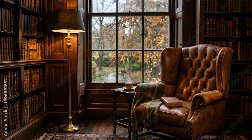 Fototapeta premium Tufted leather wingback chair in cozy Victorian library reading nook