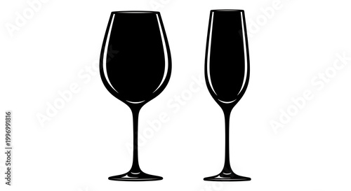 Black and white of two wine glasses on stems