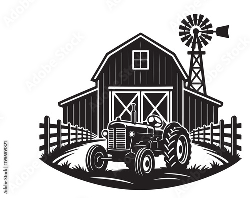 Farm Tractor Silhouette Vector with Barn and Windmill, Rustic Countryside Agriculture Scene, Black and White Illustration