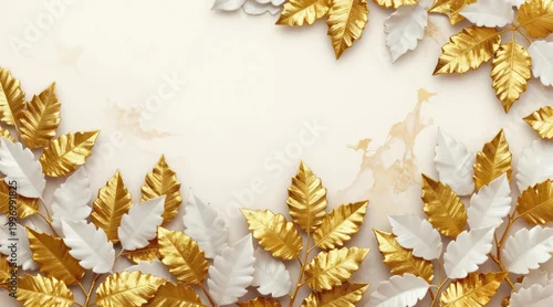 Panel kuchenny z motywem Decorative border features gold, white leaves. Branches adorn neutral background. Elegant foliage design suitable for luxury interiors or festive invitations, providing sophisticated natural accents.