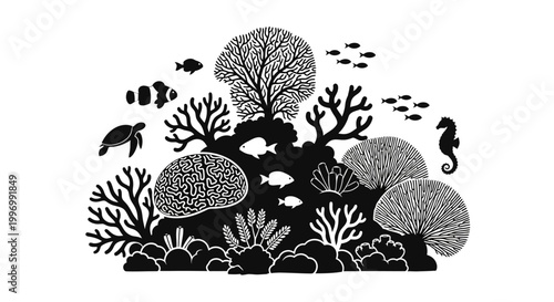 Black and white coral reef scene.