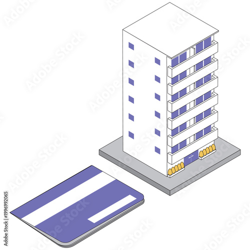 アイソメトリックなマンションと預金通帳のイラストセット