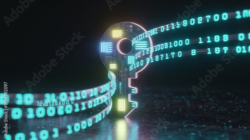 Digital security key glowing with blue light and binary code streams representing cybersecurity data protection privacy encryption and modern information technology safety.