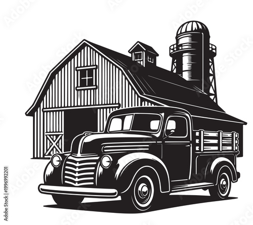 Rustic Barn Silhouette Vector with Vintage Pickup Truck, Country Farm Landscape, Black and White Illustration