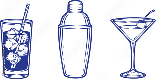 A vintage style illustration of cocktail equipment shaker highball and martini glasses