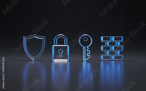 Digital security icons hanging on threads against black background featuring glowing shield padlock key and brick firewall symbolizing network protection and data safety.