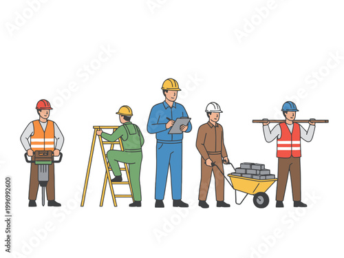 Construction workers stacking sandbags with tools illustration
