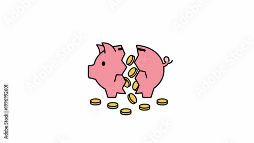Broken Pink Piggy Bank with Gold Coins Illustration