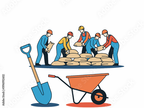 Construction workers stacking sandbags with tools illustration