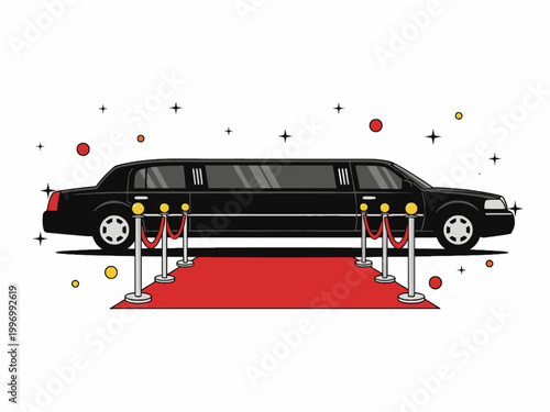 Black limousine parked at red carpet event with velvet ropes