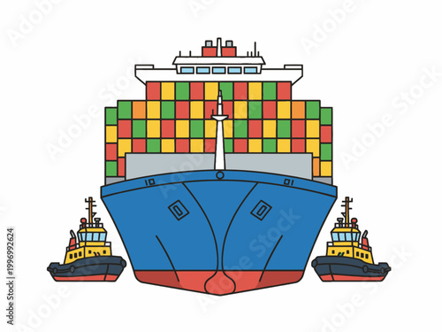 Container Cargo Ship with Two Tugboats on White Background