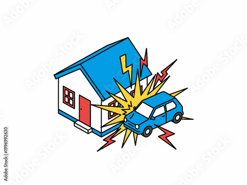 Car crashing into house building isometric illustration