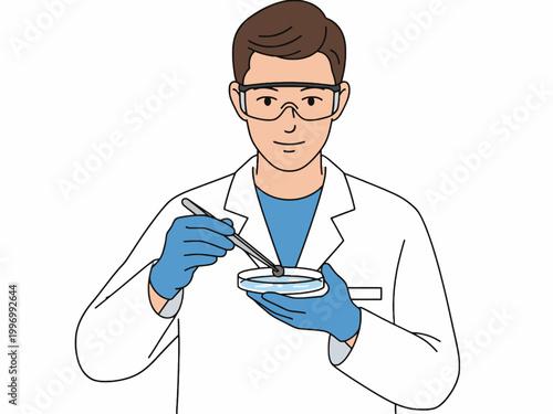 Male Scientist Holding Petri Dish and Tweezers Illustration