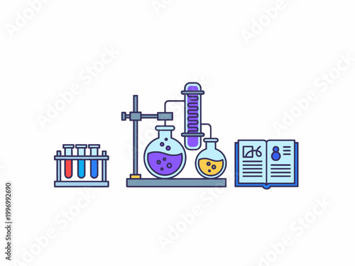 Laboratory Equipment Illustration with Chemistry Flasks and Book