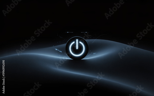 Blue power button icon on dark surface with abstract glowing waves signifying activation and digital interface elements.