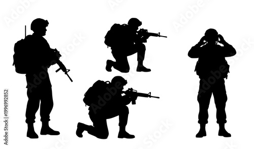 Military soldier silhouette set with tactical infantry poses army defense vector illustration