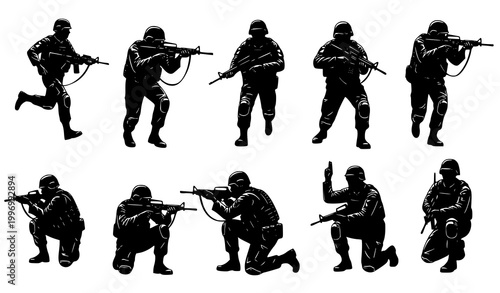 Tactical soldier silhouettes in action poses army combat team vector illustration