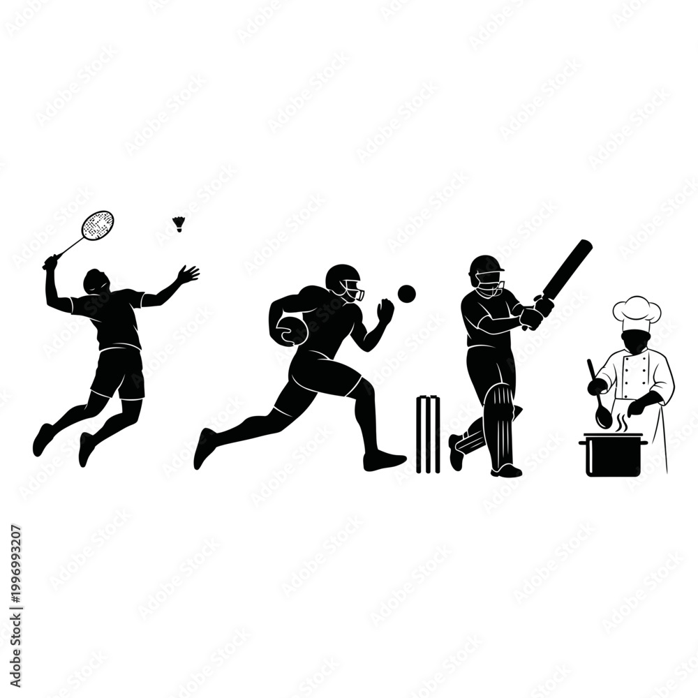 Fototapeta premium A black and white vector graphic illustration of various sports players and a chef in silhouette