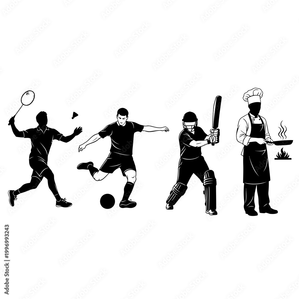 Fototapeta premium A vector graphic illustration of four silhouetted men engaging in different sports and a chef cooking.