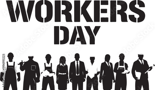 International Workers Day silhouette with diverse professional laborers

Labor Day background featuring industrial workers and construction crew

Workers Day banner with labor group holding tools and 
