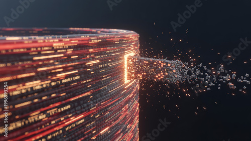 Abstract data processing visualization with orange particles escaping from circular server structure representing big data storage and cloud computing transfer process.