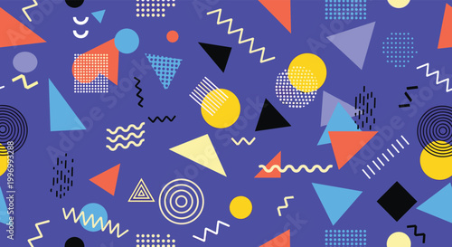 Seamless Memphis style pattern filled with colorful geometric shapes like triangles, circles, and wavy lines on a vibrant blue background.