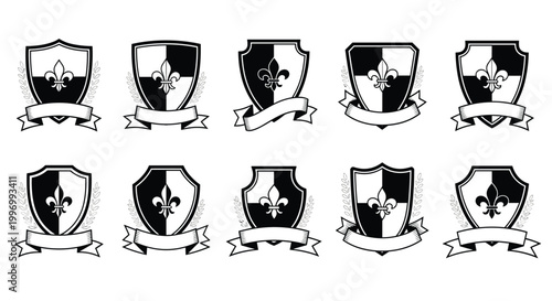 Collection of ten decorative heraldic shields in black and white each featuring a fleur-de-lis emblem and a blank banner below.