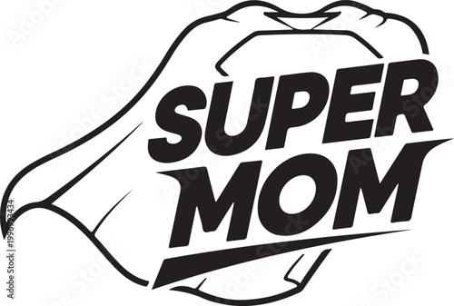 Super Mom logo with red and blue superhero cape design

Super Mom typography for Mothers Day greeting and merchandise

Heroic mother emblem with flying cape for female empowerment