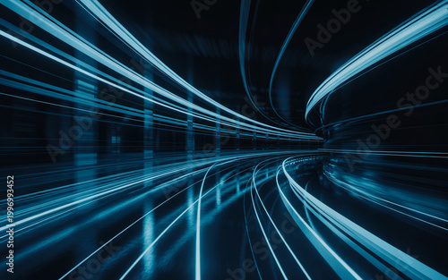 Abstract high speed data motion trails in dark digital space with blue light streaks depicting fast internet fiber optics and future information technology connectivity.
