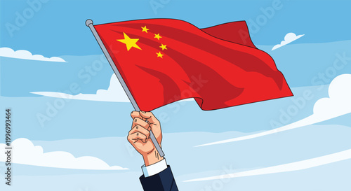 Illustration of a person's hand firmly holding the pole of a waving red flag of China against a bright blue cloudy sky.