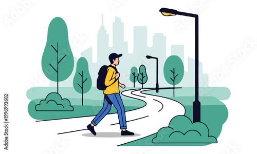 Man with backpack walking on park path with city skyline background