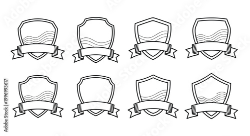 Collection of eight blank heraldic shield emblems featuring different shapes and decorative ribbons for custom text and logo design.