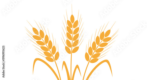 Three golden ears of wheat with long awns and green leaves arranged symmetrically to represent harvest and agricultural abundance.