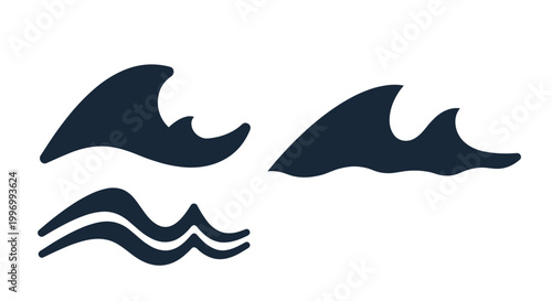 Stylized ocean wave silhouettes showing different forms of water movement from single crests to rolling sets on a plain background.