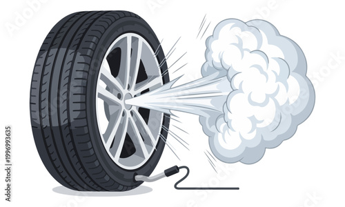 Car tire exploding with air pressure leak on white background