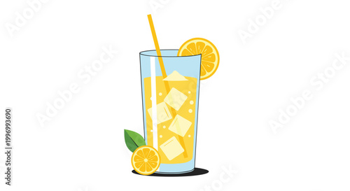 Refreshing glass of lemonade filled with ice cubes and garnished with fresh lemon slices and a yellow drinking straw.