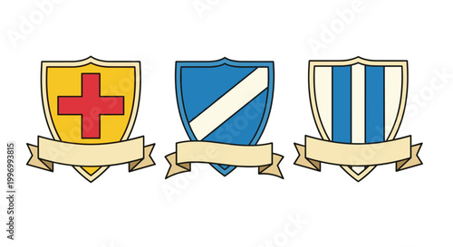 Set of three heraldic shields featuring a red cross, a white stripe, and blue vertical stripes with blank ribbons for custom text.