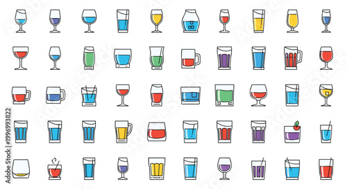 Large set of various beverage glass icons filled with colorful liquids representing water, wine, beer, and festive cocktails.