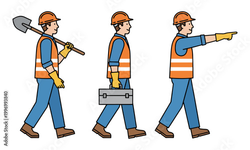 Construction workers walking with shovel and toolbox