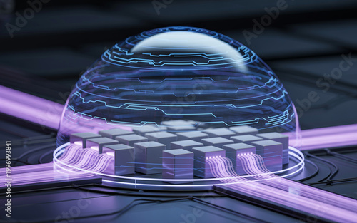Futuristic digital network protection dome encapsulates glowing quantum processors on circuit board with neon light lines representing data flow and artificial intelligence.